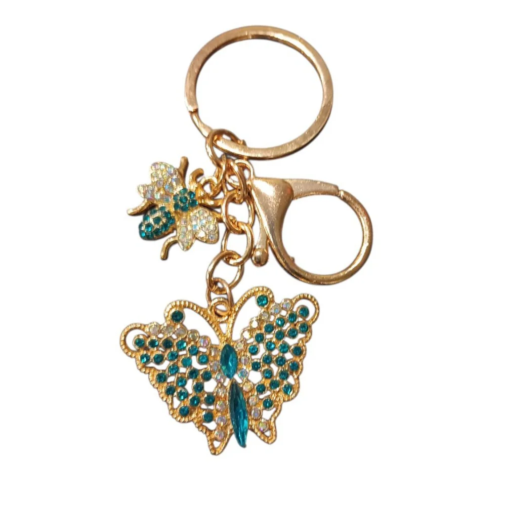 Beautiful Blue Rhinestone Butterfly Bumblebee Gold Tone Keychain Purse Charm